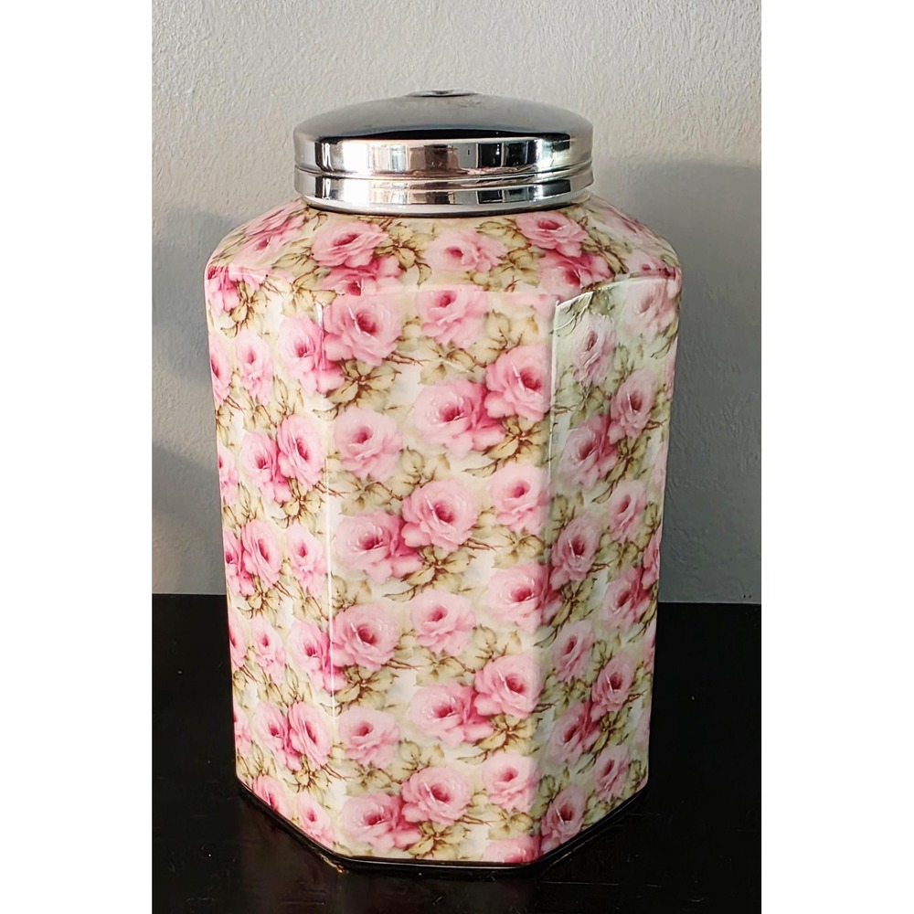Vintage MCM Royal Staffordshire Pink Floral Biscuit Barrel